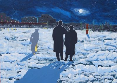 Atmospheric, moonlit painting referencing the film ‘Wings of Desire by Wim Wenders. The film starred Bruno Ganz, Peter Falk and Nick Cave and the Bad Seeds. The painting also references another painting ‘The Walk’ by Belgium painter Luc Tuymans.